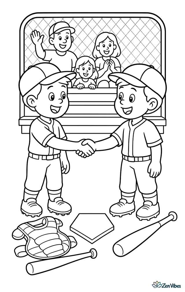 Two youth baseball players shake hands beside home plate after a game, with dropped bats, a catcher’s chest protector, a backstop fence, and a few parents watching from small bleachers.