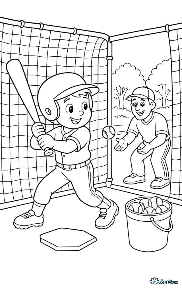 A baseball batter practices inside a batting cage, stepping toward the pitch with a coach outside the net, a bucket of baseballs on the ground, and trees beyond the practice area.