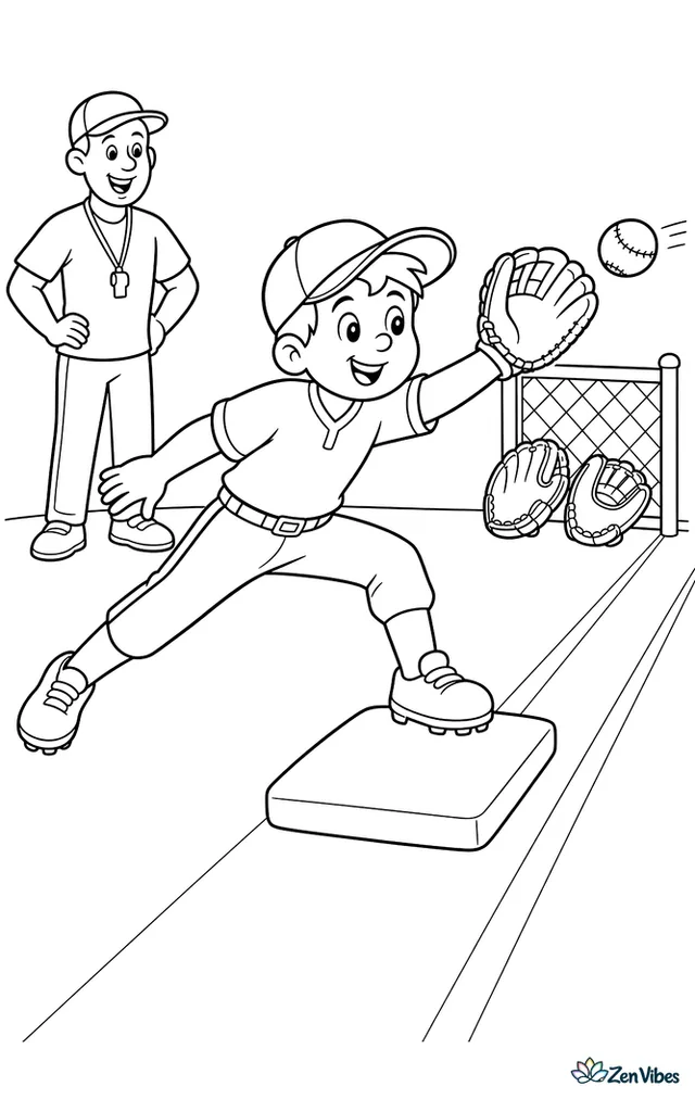 A first baseman stretches to catch a throw at first base during an infield drill, with a runner’s lane, chalk lines, a nearby coach, and extra gloves resting by the fence.