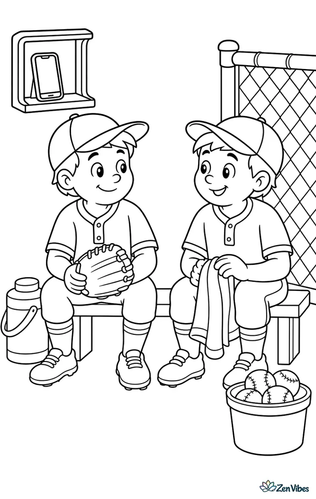 Two relief pitchers sit in the bullpen during a quiet inning, one holding a glove and the other a towel, with a phone shelf, water jug, practice balls, and a low fence nearby.