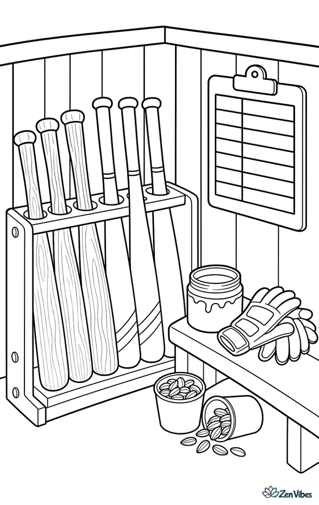 A corner of the dugout shows wooden and aluminum bats in a rack, pine tar, batting gloves, sunflower seed cups, and a lineup board as players prepare for their turn.