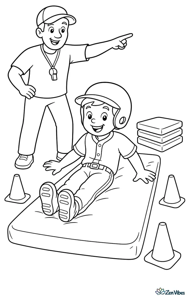 A youth baseball player practices a feet-first slide onto a padded sliding mat, with a coach pointing the way, extra bases stacked nearby, and orange cones marking the drill lane.