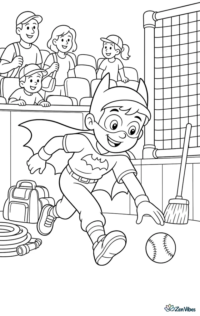 A batboy jogs to collect a foul ball near the backstop during warmups, with coiled hose, equipment bags, a broom, and fans filtering into the first rows of seats.