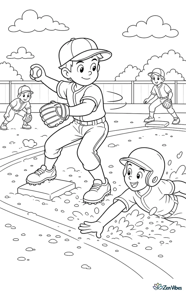 A second baseman pivots over the bag to start a double play, throwing toward first as a baserunner slides past, with infield dirt, chalk marks, and teammates ready around the diamond.