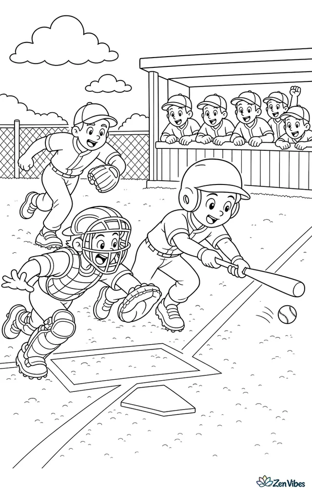A batter deadens a bunt along the first base line and breaks from the box, while the catcher springs forward, the pitcher charges in, and the dugout rail fills with watching teammates.