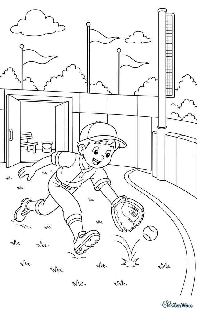 A left fielder fields a bouncing ball near the foul pole in the corner, with the warning track curving beside the wall, bullpen gate open, and pennants fluttering above.