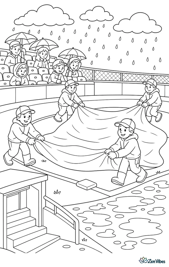 Grounds crew members pull a large tarp across the infield during a baseball rain delay, with puddles by the warning track, covered dugout steps, and fans waiting under umbrellas.