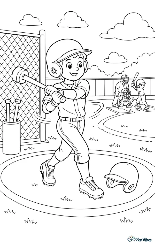 A batter loosens up in the on-deck circle with two weighted practice swings, while the next helmet rests nearby and the current at-bat continues at home plate beyond the chalk arc.