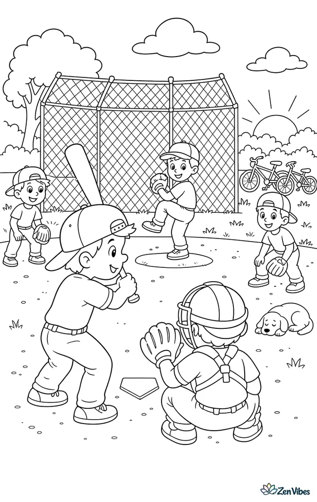 Kids play a casual baseball game on a sandlot at sunset, using a chain-link backstop and mismatched caps, with bicycles on the grass and a dog napping beyond right field.