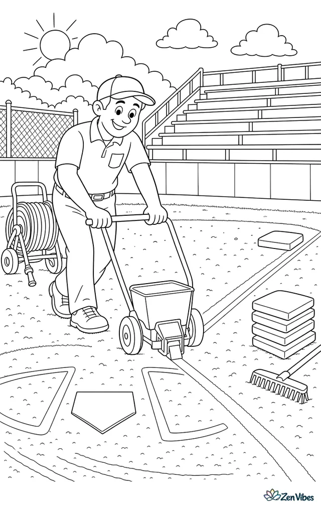 A groundskeeper pushes a chalk liner from home plate toward first base before the game, with freshly raked dirt, a hose cart, stacked bases, and empty bleachers in morning light.