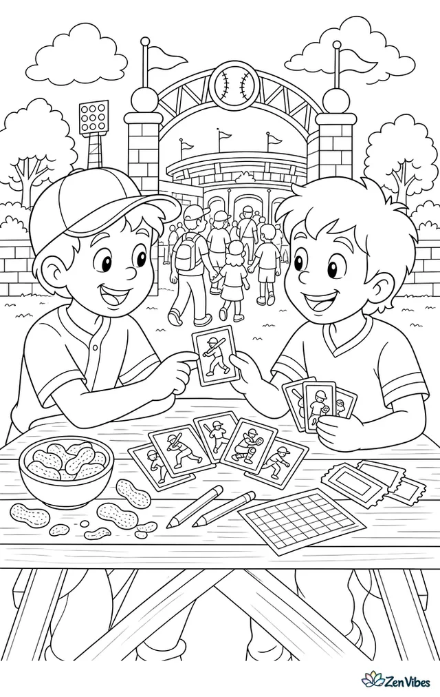 Two friends trade baseball cards on a picnic table outside the ballpark, with ticket stubs, peanut shells, score pencils, and a stadium entrance arch bustling behind them.