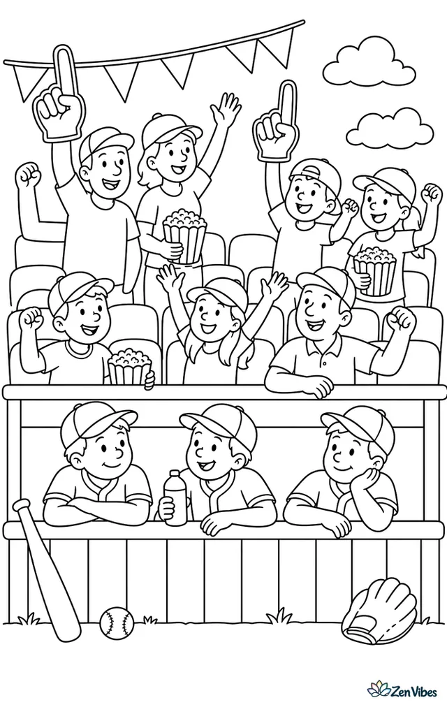 Fans stand for the seventh-inning stretch in a neighborhood ballpark, with foam fingers, popcorn tubs, pennant strings, and players resting along the dugout rail below the seating section.