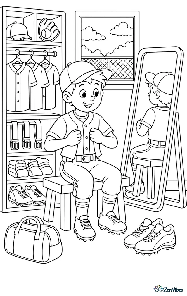 A young player tries on a baseball uniform in a team equipment room, with jersey hangers, belts, socks, cleats, and labeled cubbies lining the walls around a full-length mirror.