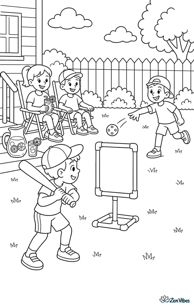 Neighbors play a backyard Wiffle ball game using a plastic strike-zone stand, with lawn chairs as dugout seats, a garden fence for the outfield, and lemonade on a porch step.