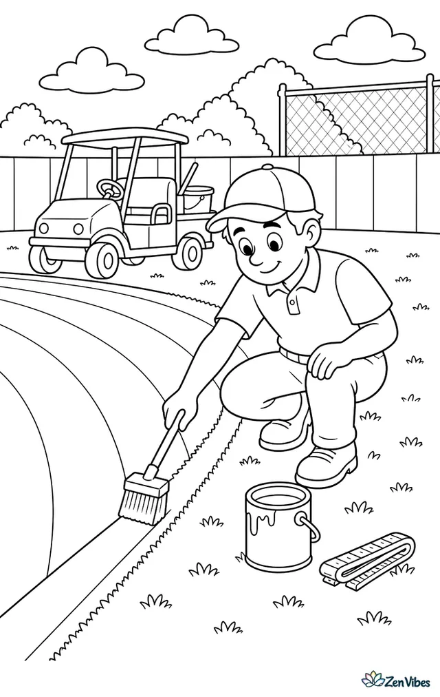 A field crew member repaints the foul line along the outfield grass edge, with a utility cart, paint can, folded measuring tape, and freshly mowed stripe patterns across the field.