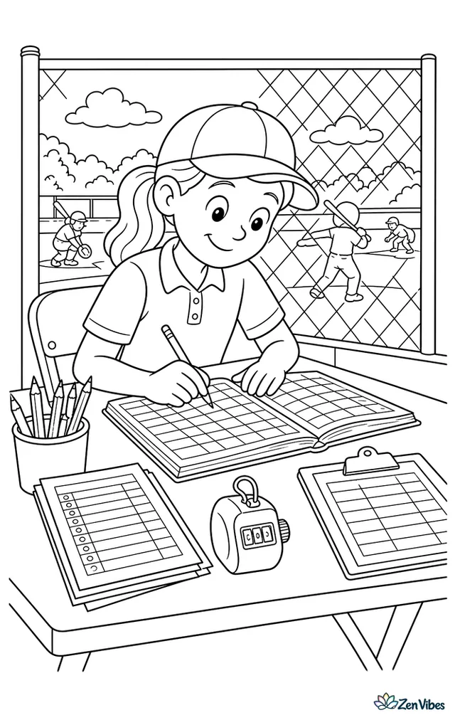 A scorekeeper records each pitch in a paper scorebook at a small table behind the backstop, with sharpened pencils, a pitch counter, roster sheets, and the game visible through fencing.