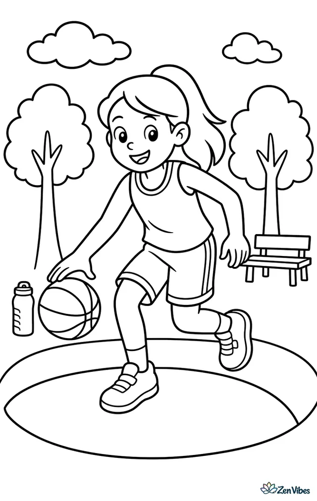 A middle-school girl dribbles a basketball on an outdoor park court, with a simple bench, two shade trees, a water bottle on the ground, and a few clouds overhead.