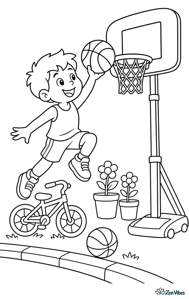 A young player leaps for a layup beside a portable hoop, with flowerpots near the fence, a spare ball by the curb, and a bicycle resting on the lawn.
