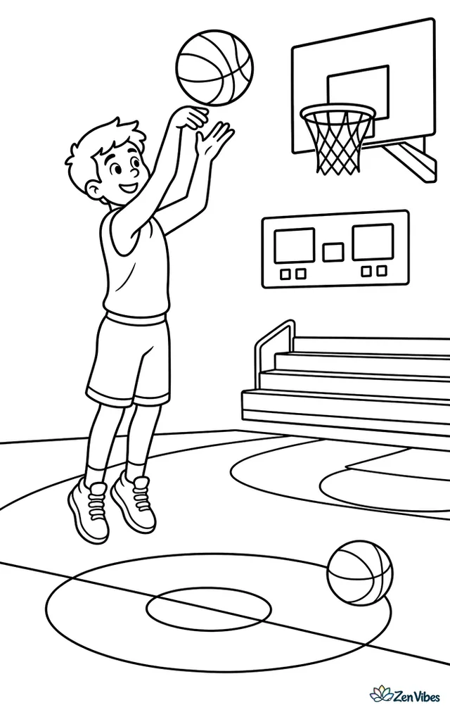A teen player takes a jump shot in a school gym, with painted court lines, a scoreboard on the wall, folded bleachers, and one basketball rolling near midcourt.