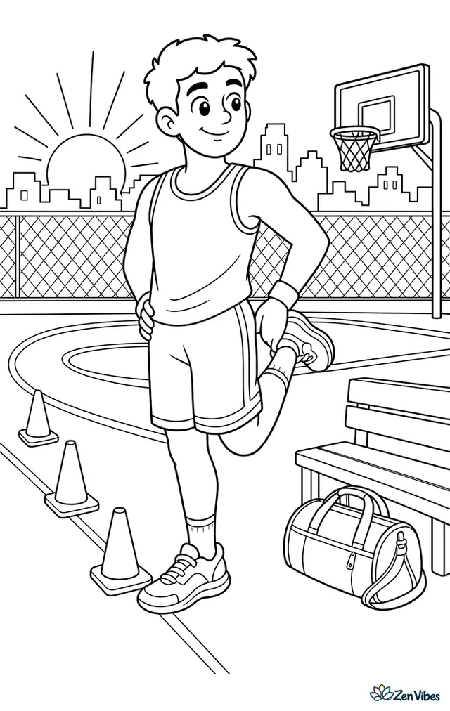 A college guard stretches before practice on an empty court at sunrise, with orange cones along the sideline, a duffel bag by the bench, and city buildings beyond the fence.