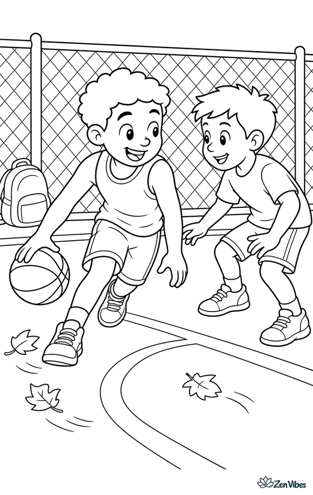 A neighborhood player performs a crossover move against a friend on a blacktop court, with chain-link fencing, a backpack near the baseline, and fallen leaves skittering across painted lines.