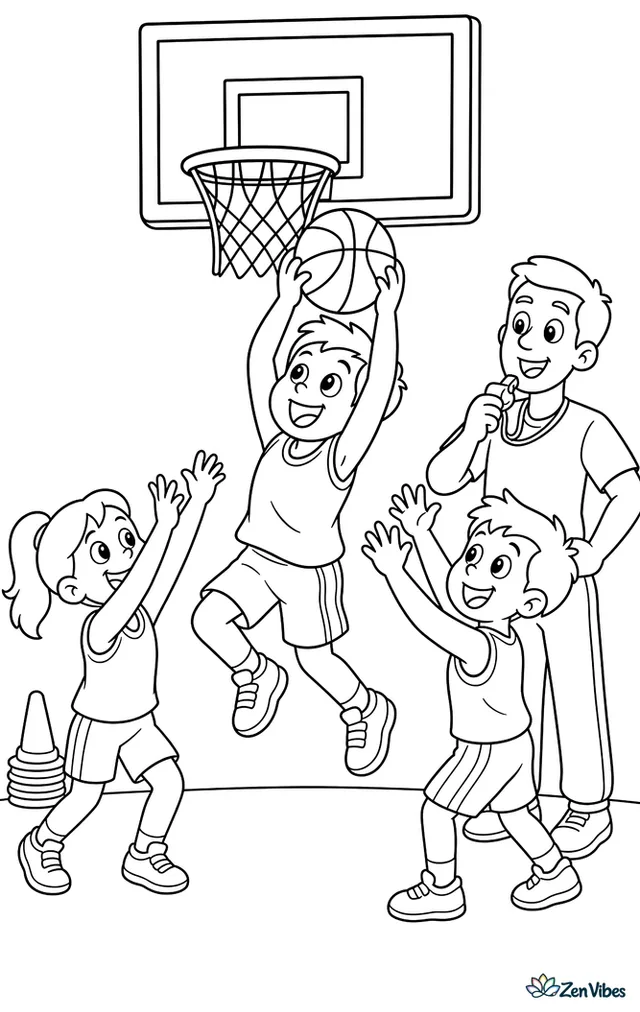 A forward jumps for a rebound beneath the basket during practice, with two teammates reaching up, a coach holding a whistle, and stacked training cones near the wall.