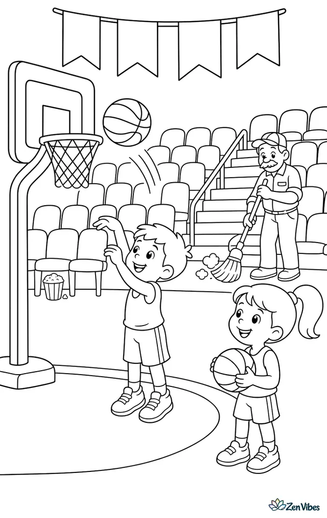 Two siblings take turns shooting during a quiet halftime break, with empty bleachers, a popcorn cup under a seat, banners hanging above, and a janitor sweeping the aisle.