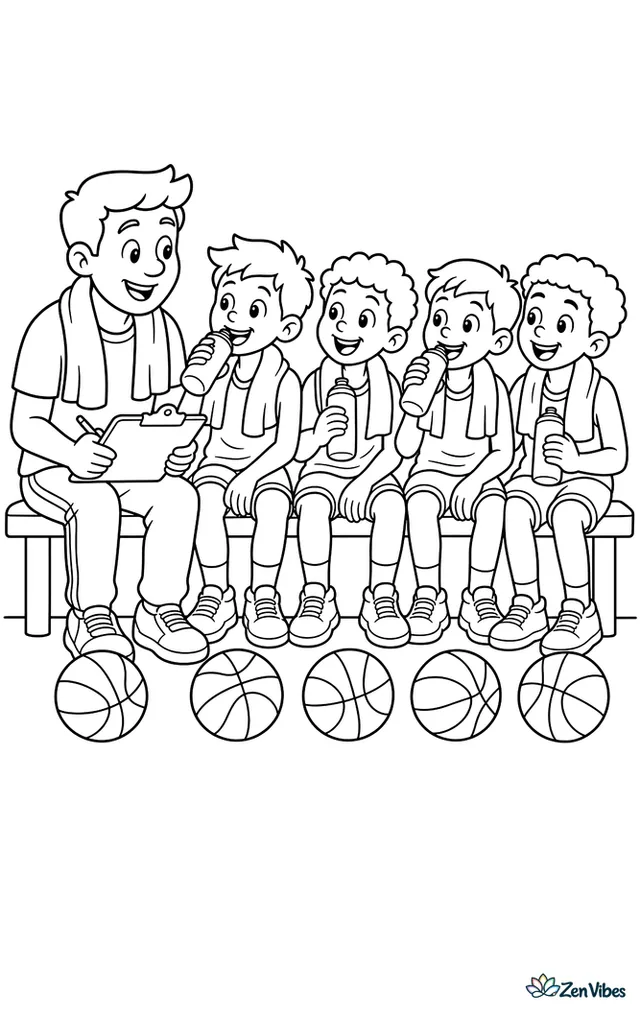 A youth team rests on the bench during a water break, with towels over shoulders, basketballs lined neatly at their feet, and a clipboard balanced on the assistant coach’s lap.