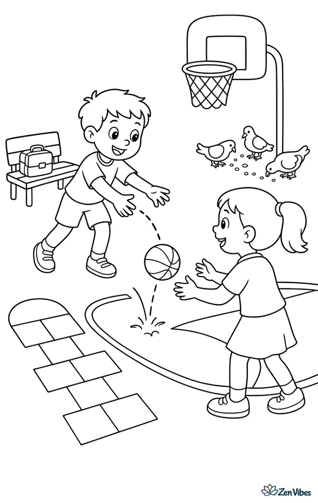 A student makes a bounce pass to a classmate on a schoolyard court, with hopscotch squares nearby, a lunchbox on the bench, and pigeons pecking crumbs beyond the key.