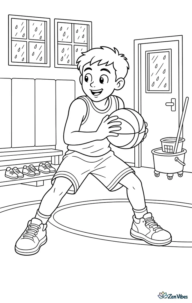 An eighth-grade center practices post moves inside a gym while rain taps the windows, with a mop bucket by the door, wall padding, and sneakers lined under the bleachers.