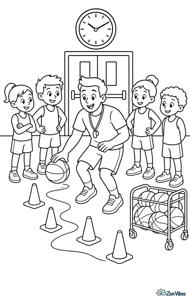 A youth coach demonstrates a dribbling drill between orange cones, with four attentive players in a semicircle, a ball cart nearby, and a large clock above the exit doors.