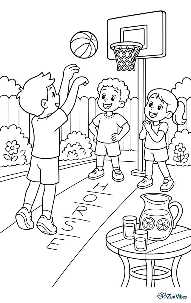 Three friends play a game of HORSE on a driveway hoop, with letters chalked beside the lane, a lemonade pitcher on a patio table, and shrubs along the fence.