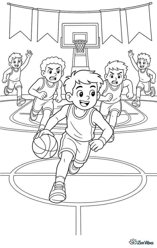 A point guard races downcourt on a fast break, dribbling past the center circle with two defenders chasing, while teammates sprint along the wings and banners hang above the court.
