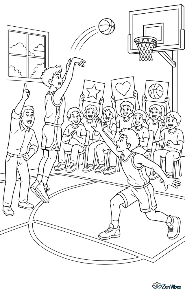 A high school player releases a corner three-pointer, with a defender closing out, cheer signs along the wall, a seated crowd behind the baseline, and a coach signaling nearby.