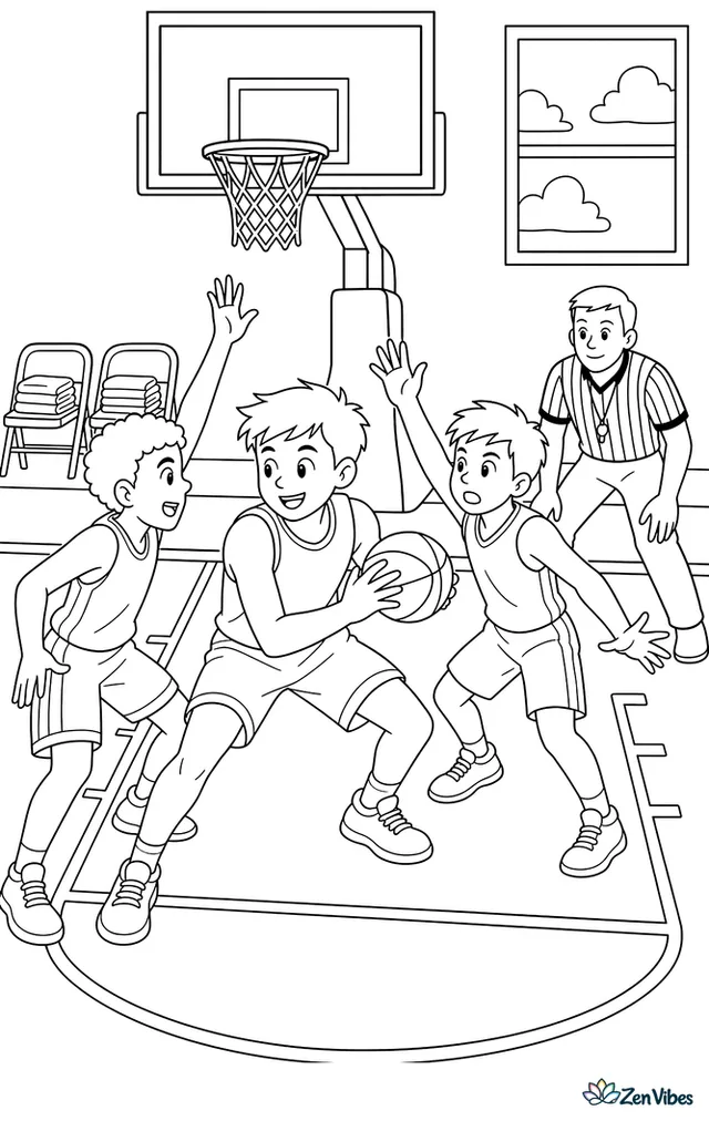 A center backs down in the low post and pivots toward the basket, with painted lane markings, two help defenders, a referee watching closely, and towels stacked on chairs.