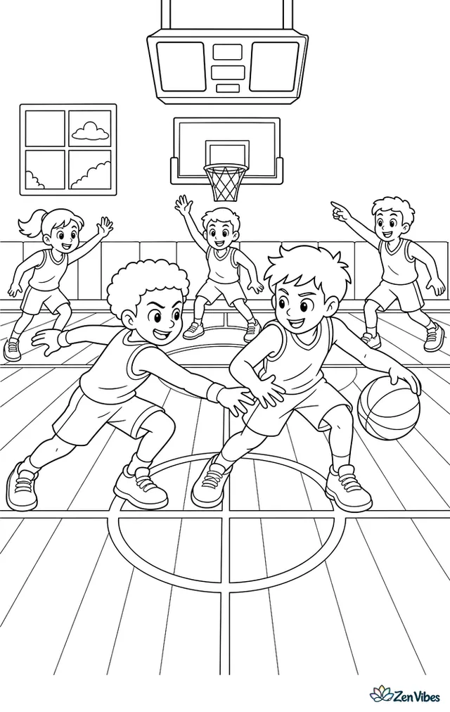 A quick-handed defender reaches for a steal at midcourt, with the ballhandler protecting the dribble, teammates spreading out, a scoreboard overhead, and sneakers squeaking across polished wood.