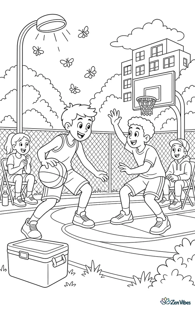 Players compete under bright park lights on an evening court, with moths circling the lamps, spectators on folding chairs, a cooler by the sideline, and apartment windows glowing nearby.