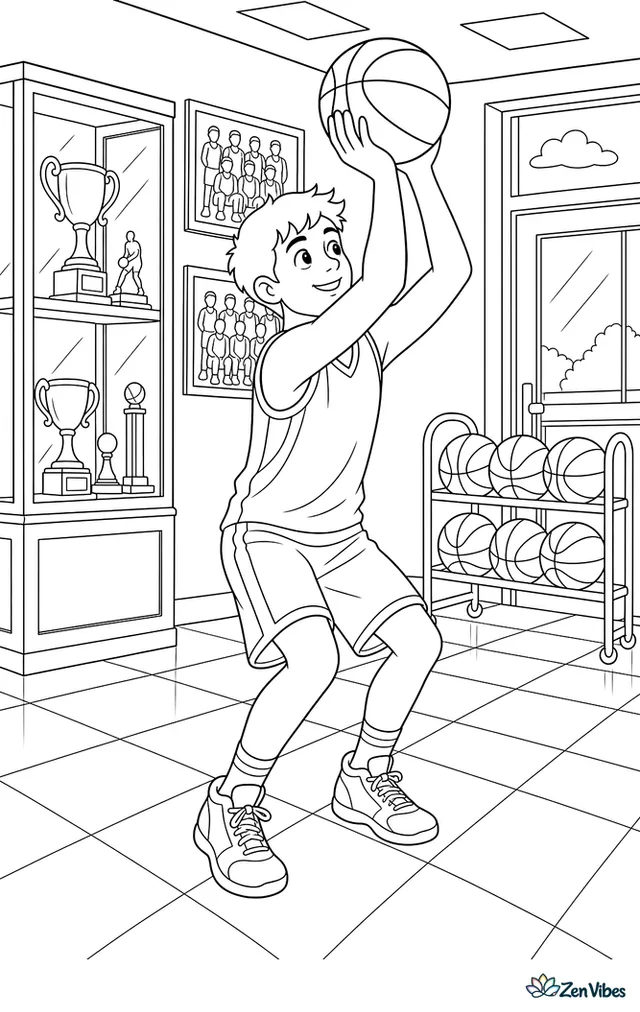 A varsity player practices form shooting in a school gym lobby area, with trophy cases along the wall, framed team photos, polished tile floors, and a rack of basketballs nearby.