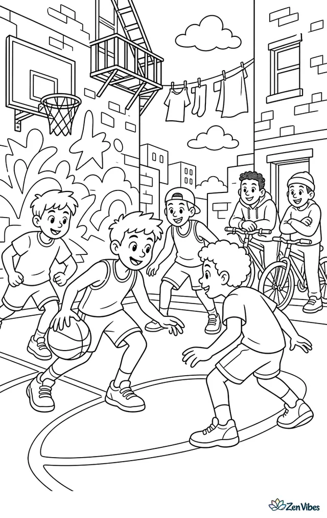 A small-group scrimmage unfolds on a narrow urban court between brick buildings, with painted murals, a fire escape overhead, laundry lines visible, and spectators leaning on bicycles.