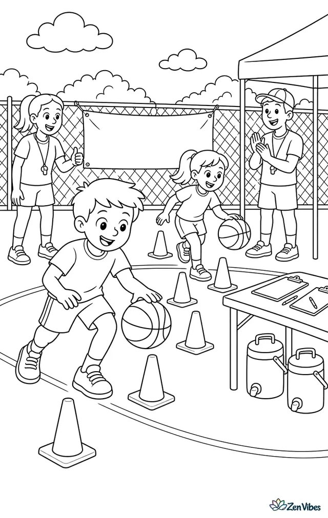 Young campers weave through cone drills while dribbling basketballs, with a camp banner on the fence, clipboards on a table, water jugs in the shade, and counselors encouraging them.