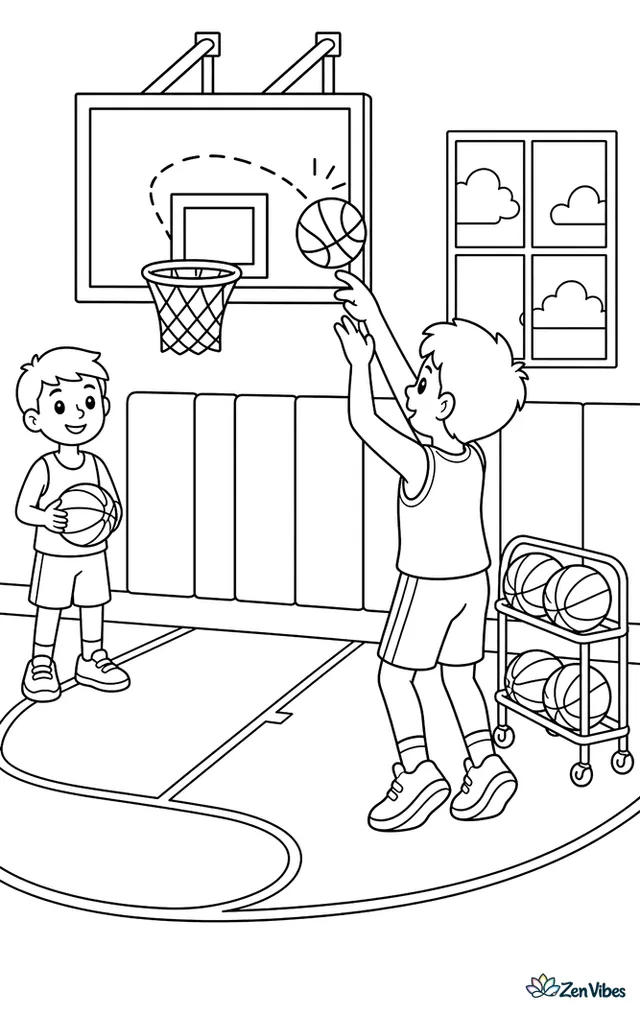 A player aims a bank throw from the right side of the key, with square markings on the backboard, rebound pads below, a ball cart nearby, and another player waiting patiently.