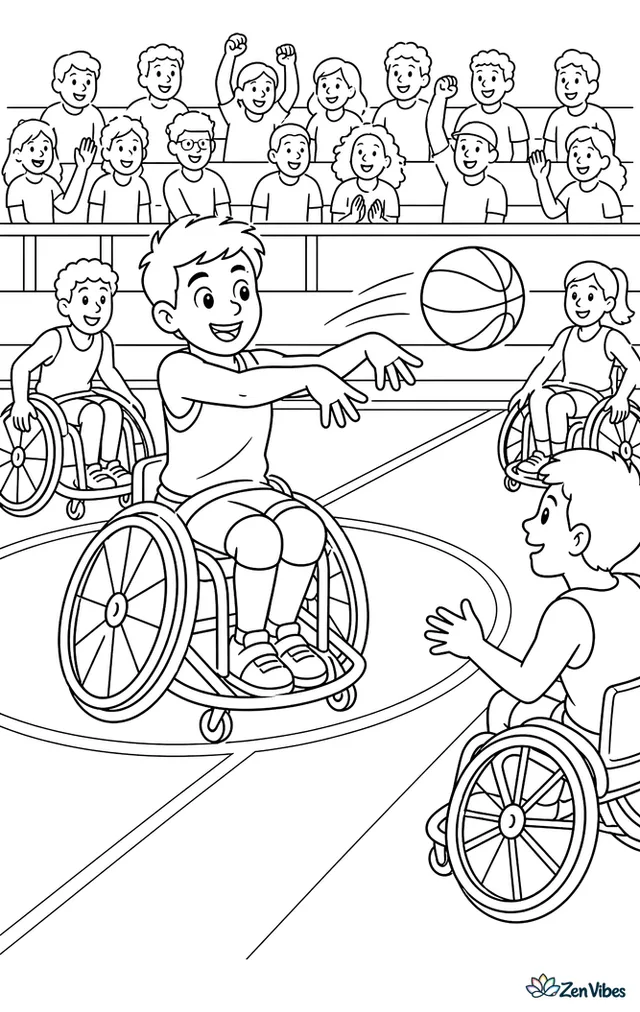 An athlete in a sports wheelchair snaps a chest pass across the lane, with teammates setting positions, court lines beneath angled wheels, and a supportive crowd in the stands.
