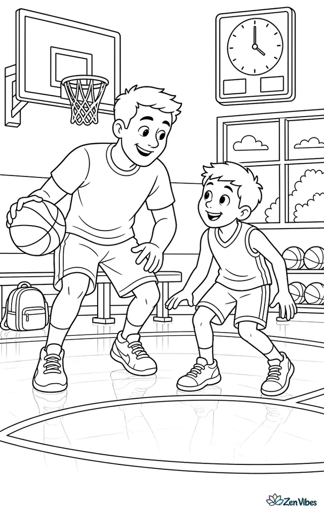 A father and son share a casual shootaround at a recreation center, with a scoreboard clock, a backpack under the bench, extra basketballs near the wall, and polished reflections on the floor.