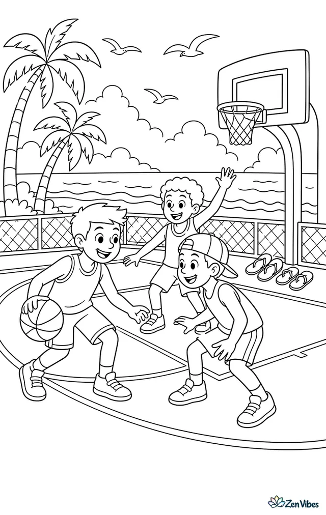 Friends play pickup basketball on a court near the beach, with palm trees swaying, flip-flops piled by the fence, gulls overhead, and gentle waves visible beyond the far baseline.
