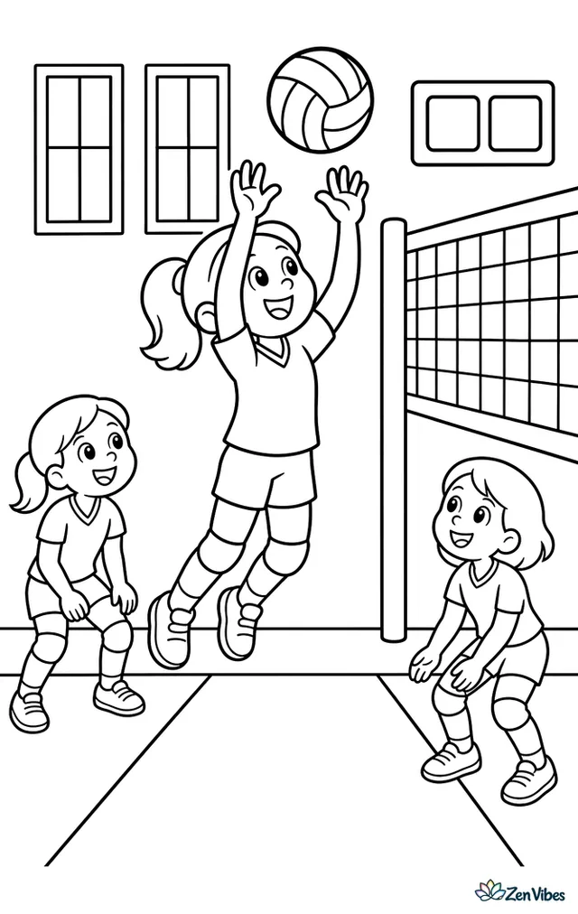 An indoor volleyball setter jumps to push the ball upward near the net, with polished court lines, a simple scoreboard, two teammates waiting, and tall windows along the gym wall.