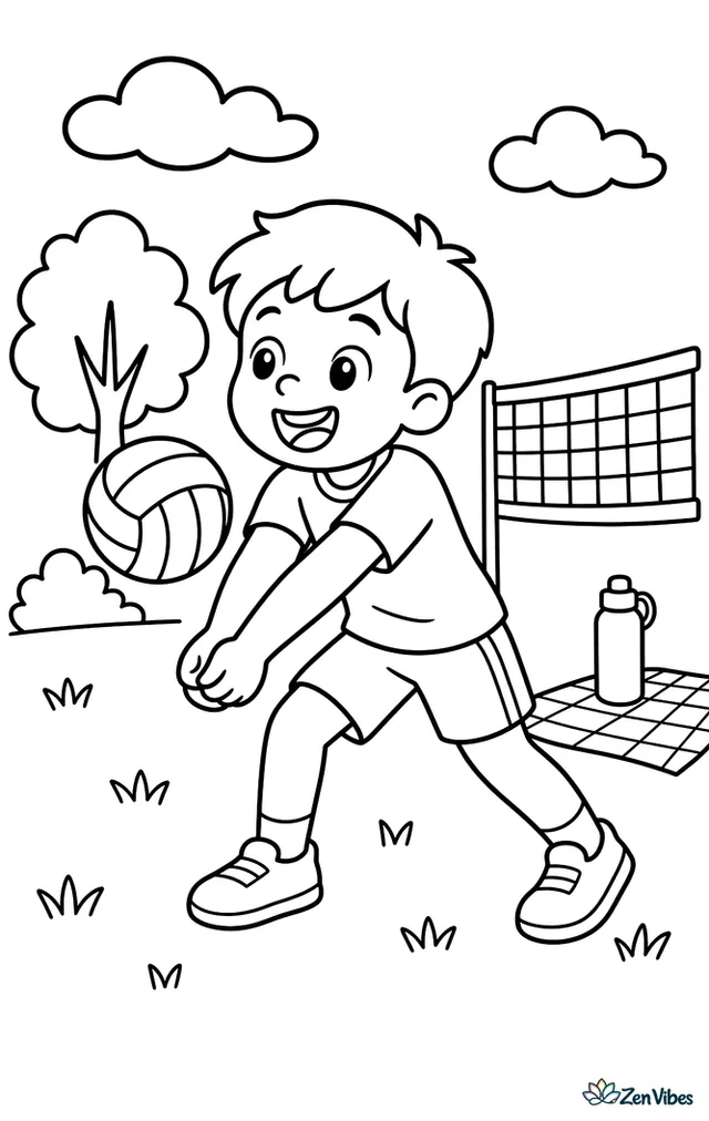 A child practices a forearm bump in a grassy park volleyball area, with a low net, picnic blanket, water bottle, leafy trees, and a few clouds drifting overhead.