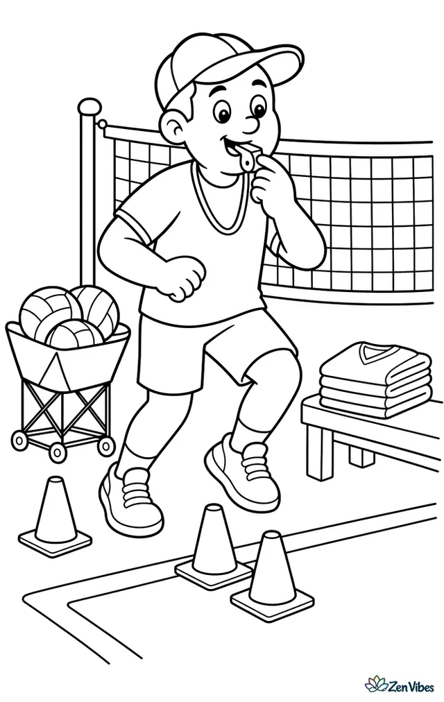 A volleyball coach blows a whistle while demonstrating footwork beside a practice net, with cones, a ball cart, clean court markings, and a bench holding neatly folded jerseys.