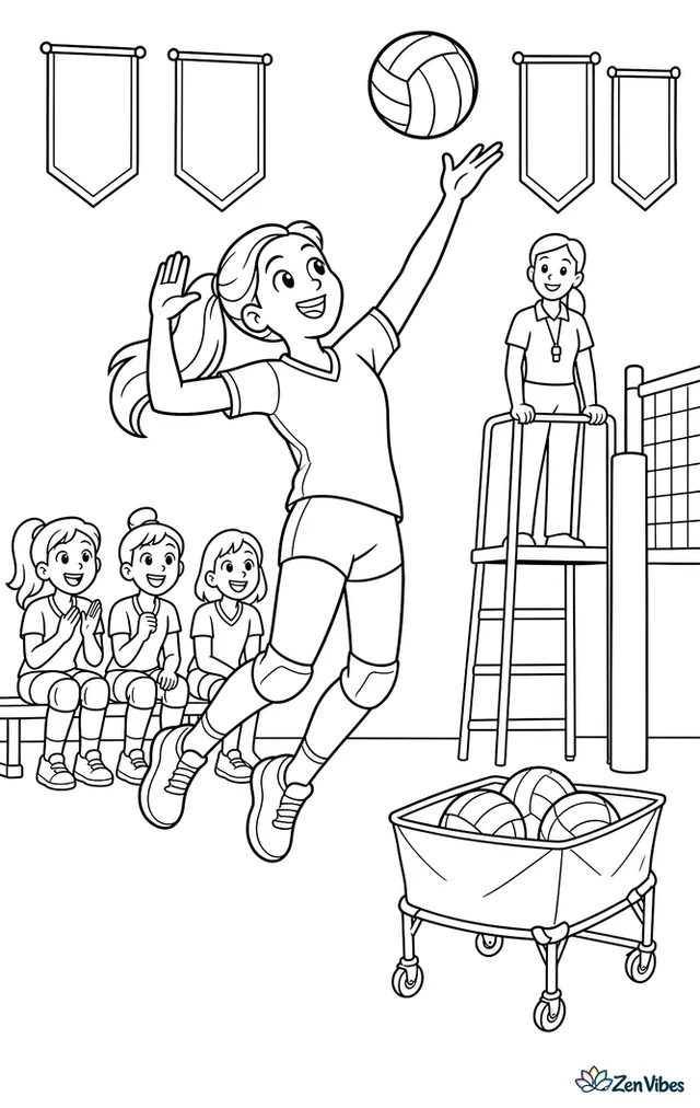 A high school volleyball player leaps for a jump float serve in a school gym, with banners, a referee stand, teammates on the bench, and a rolling ball cart nearby.