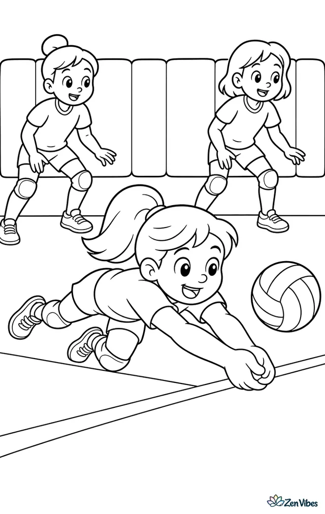 A libero stretches forward to dig a fast ball before it hits the floor, with teammates turning to cover, court lines below, and padded gym walls in the background.