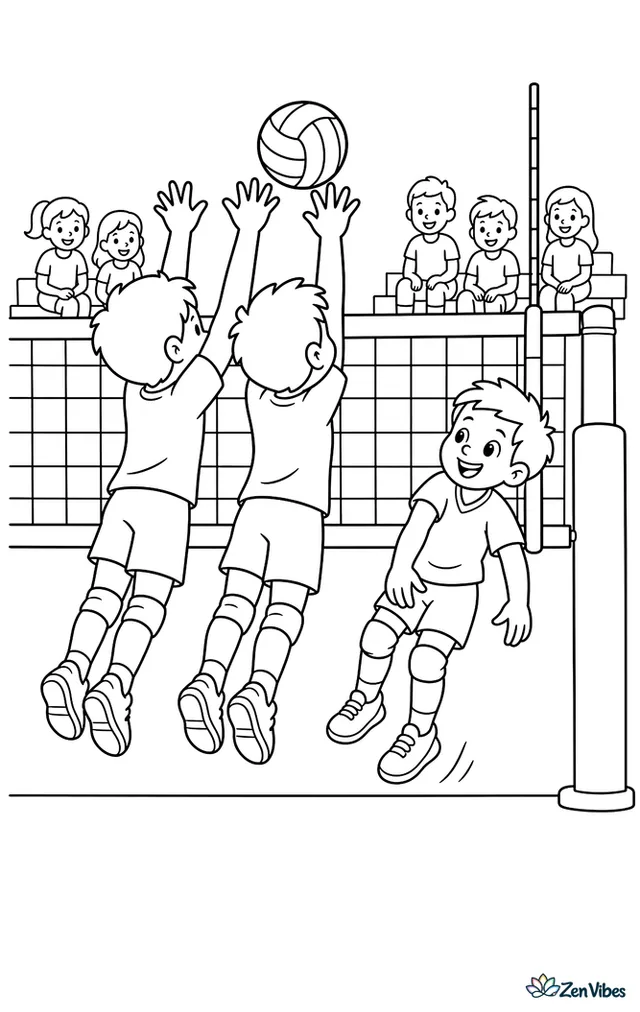 Two volleyball blockers rise together with hands above the tape to stop a spike, with the opposing hitter landing, antenna visible, and spectators seated in simple bleachers.